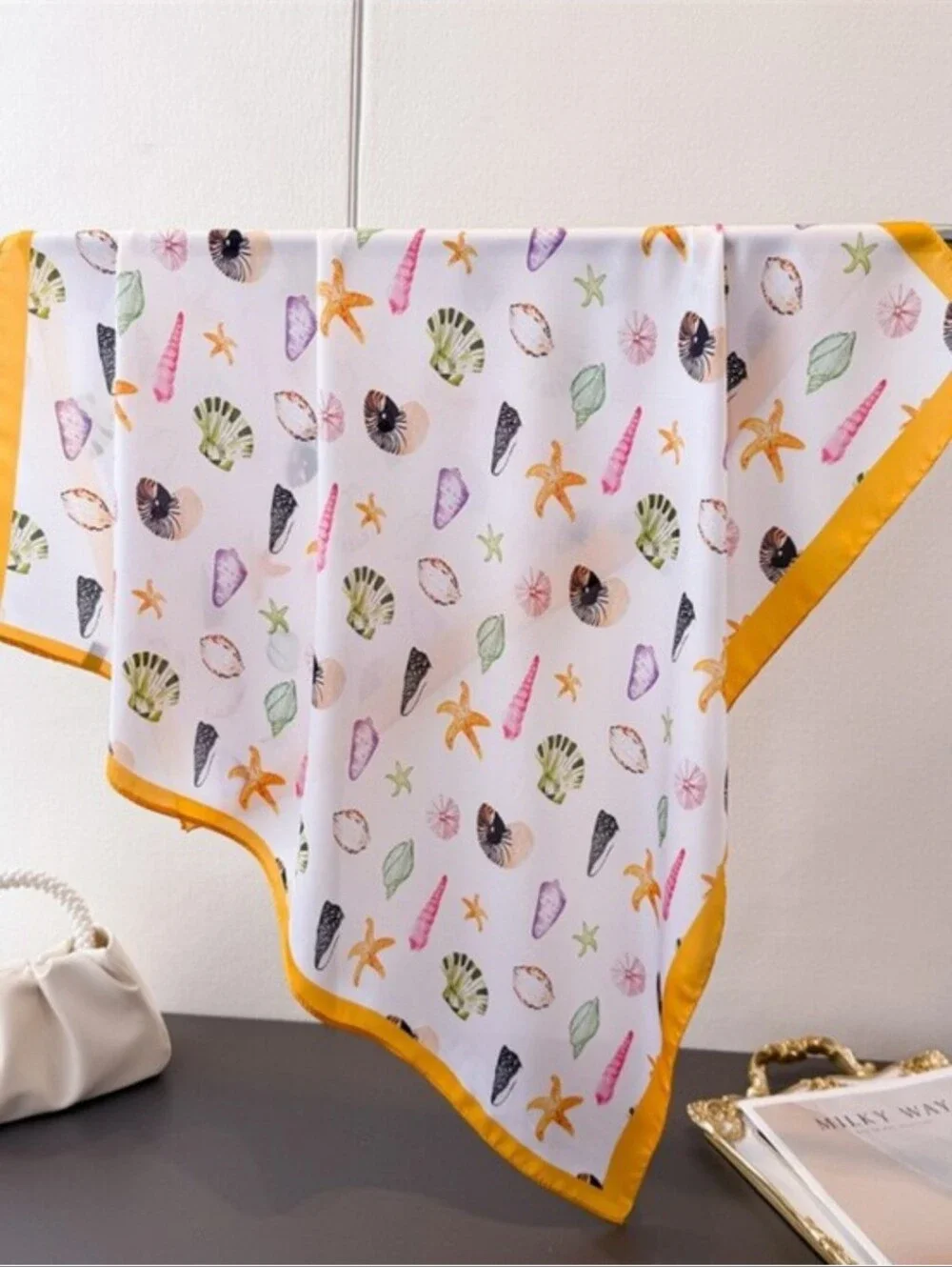 Silk-feel Seashell Print Square Scarf with Yellow Border Head & Neck Scarf